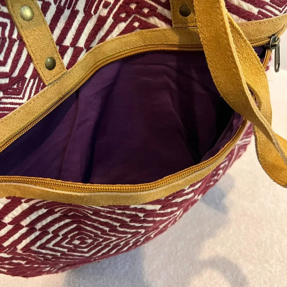 Boho Tote Bag Maroon Woven Ethnic Pockets Geometric Shoulder Leather Straps - Picture 8 of 14